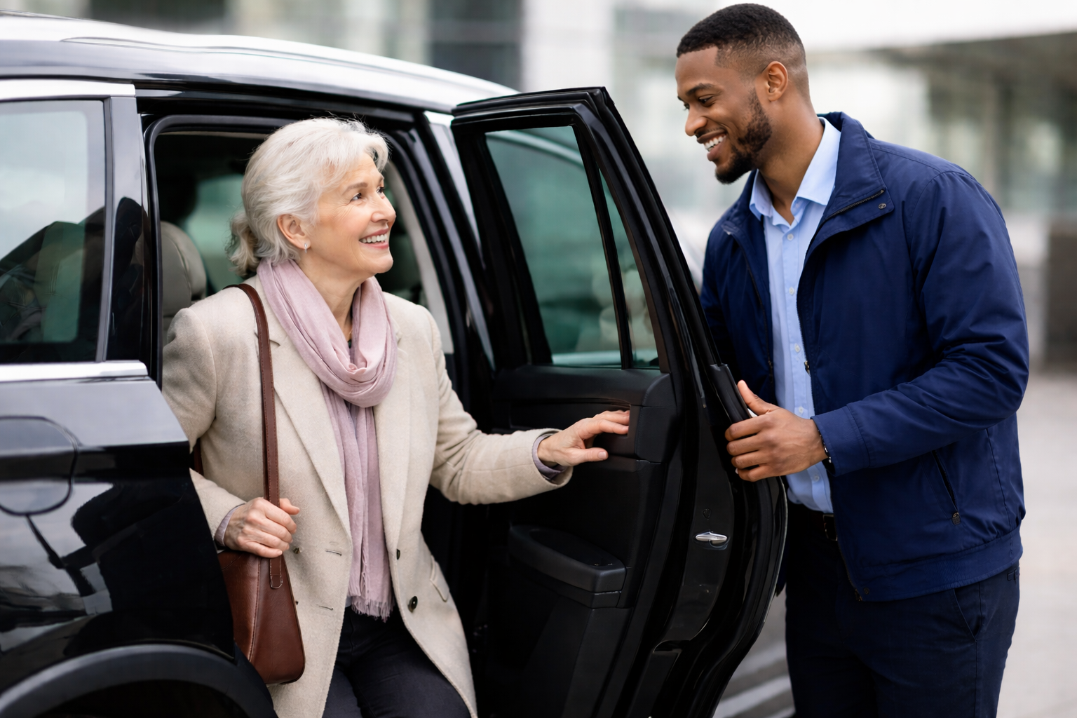 Professional driver assisting patient